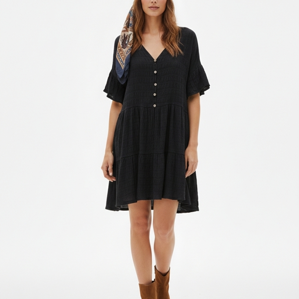 Free People Women Dress Size M Navy Blue Button Front Boho Flowy